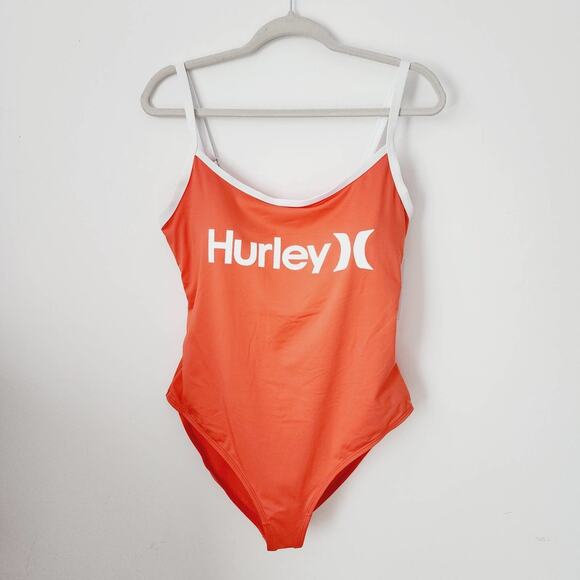 Hurley Coral Orange & White Logo One-Piece Swimsuit  2X - Picture 1 of 4